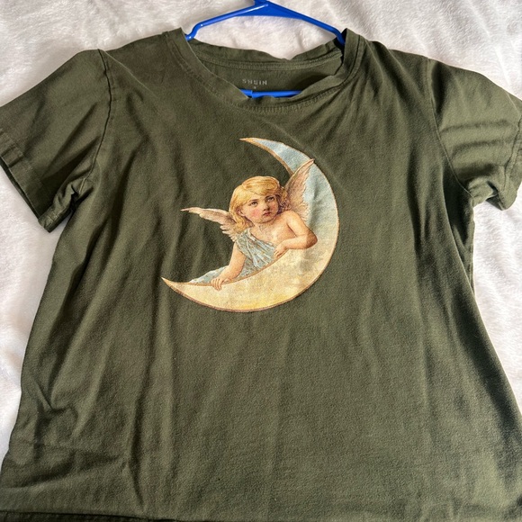 SHEIN Olive Green Angel Print Crop Top - Picture 1 of 2